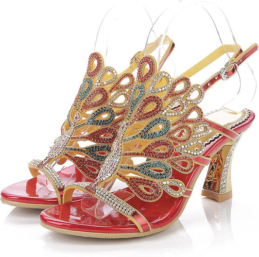 Sandalias hechas a mano con estampado de pavo real con diamantes de imitación para mujer con tacón